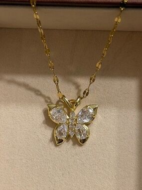 Golden Zirconia Butterfly Stainless Steel Stamped Necklace Chain